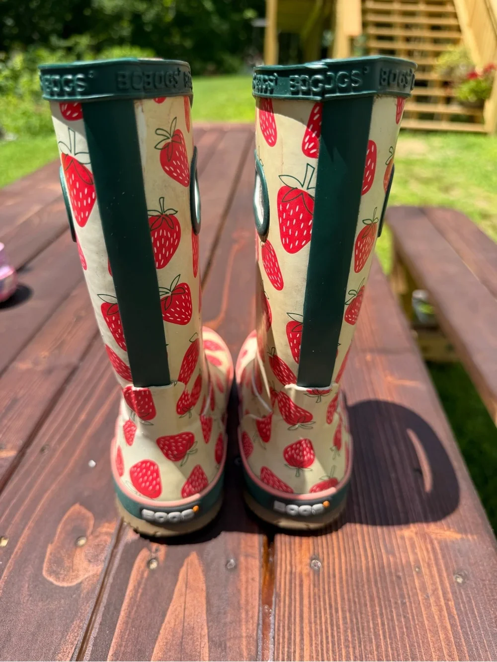 Bogs Kids Strawberry Rain Boots - Cream & Red with Green Trim